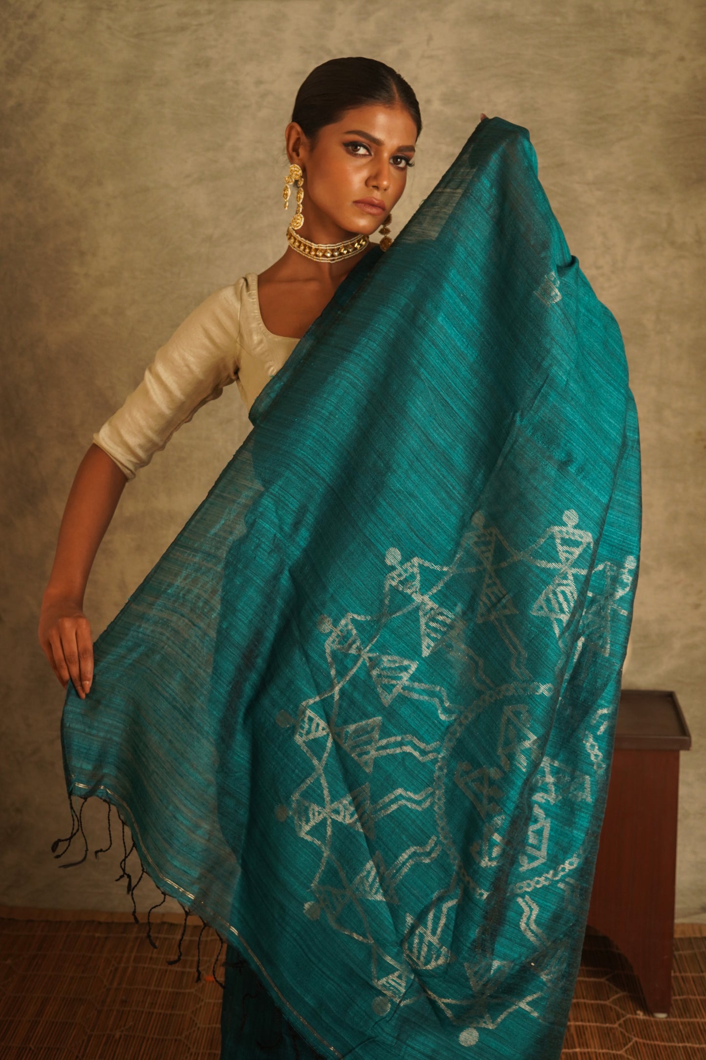 Teal Pure Matka Silk Jamdani Handloom Saree