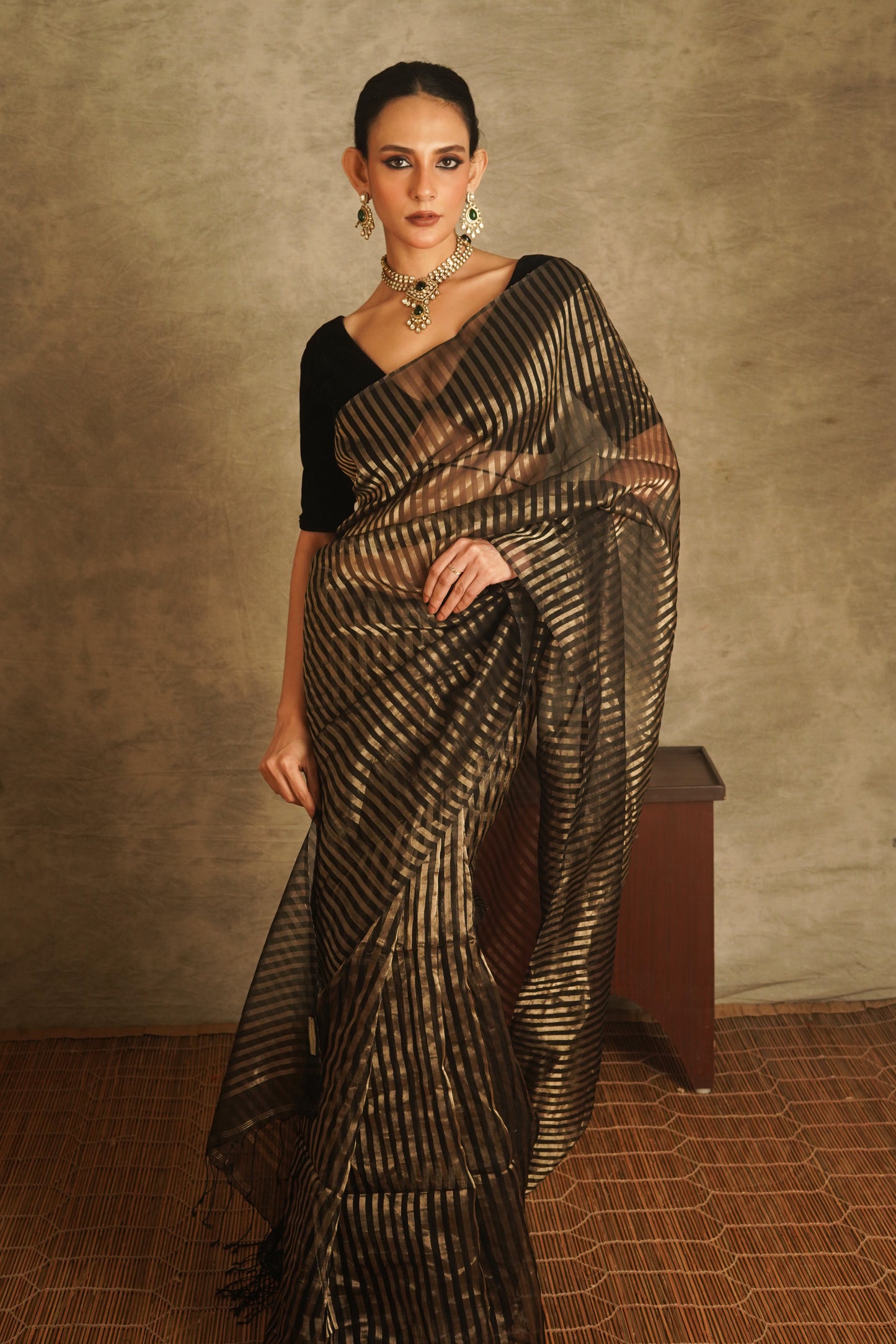 Black and Golden Tissue Organza Silk Handloom Saree