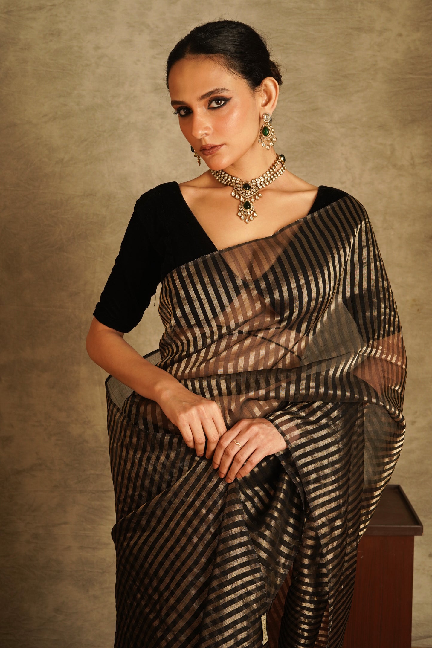 Black and Golden Tissue Organza Silk Handloom Saree