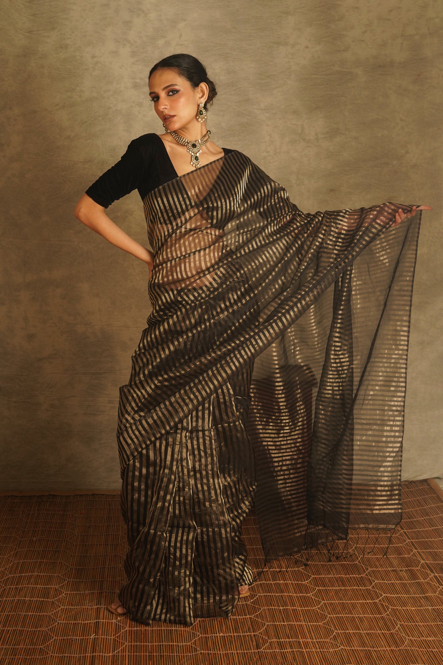 Black and Golden Tissue Organza Silk Handloom Saree