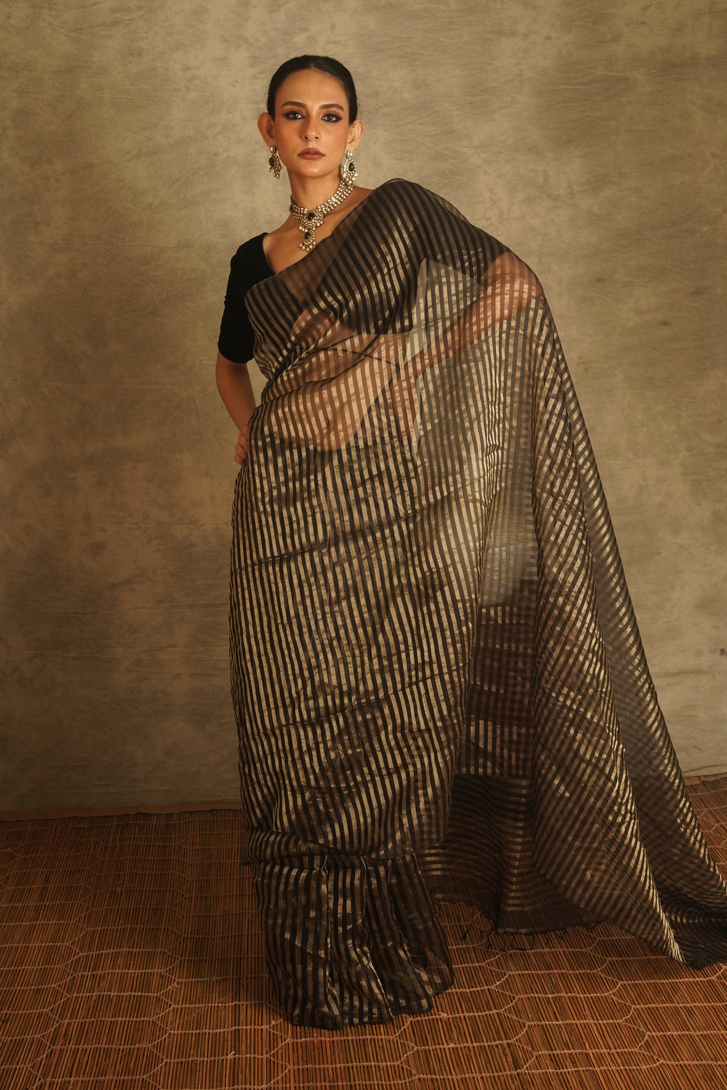 Black and Golden Tissue Organza Silk Handloom Saree