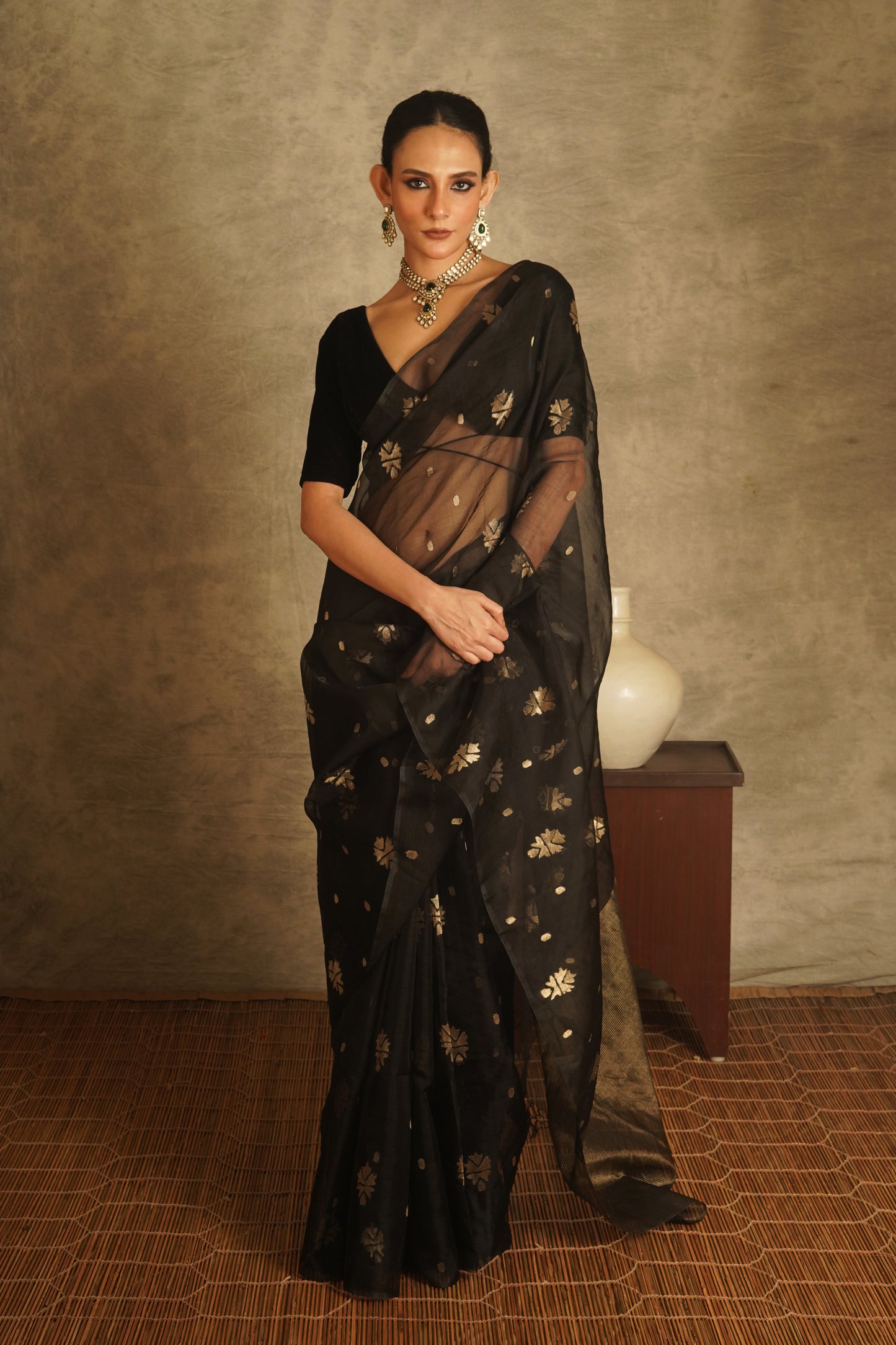 Black Pure Organza Silk Jamdani Handloom Saree