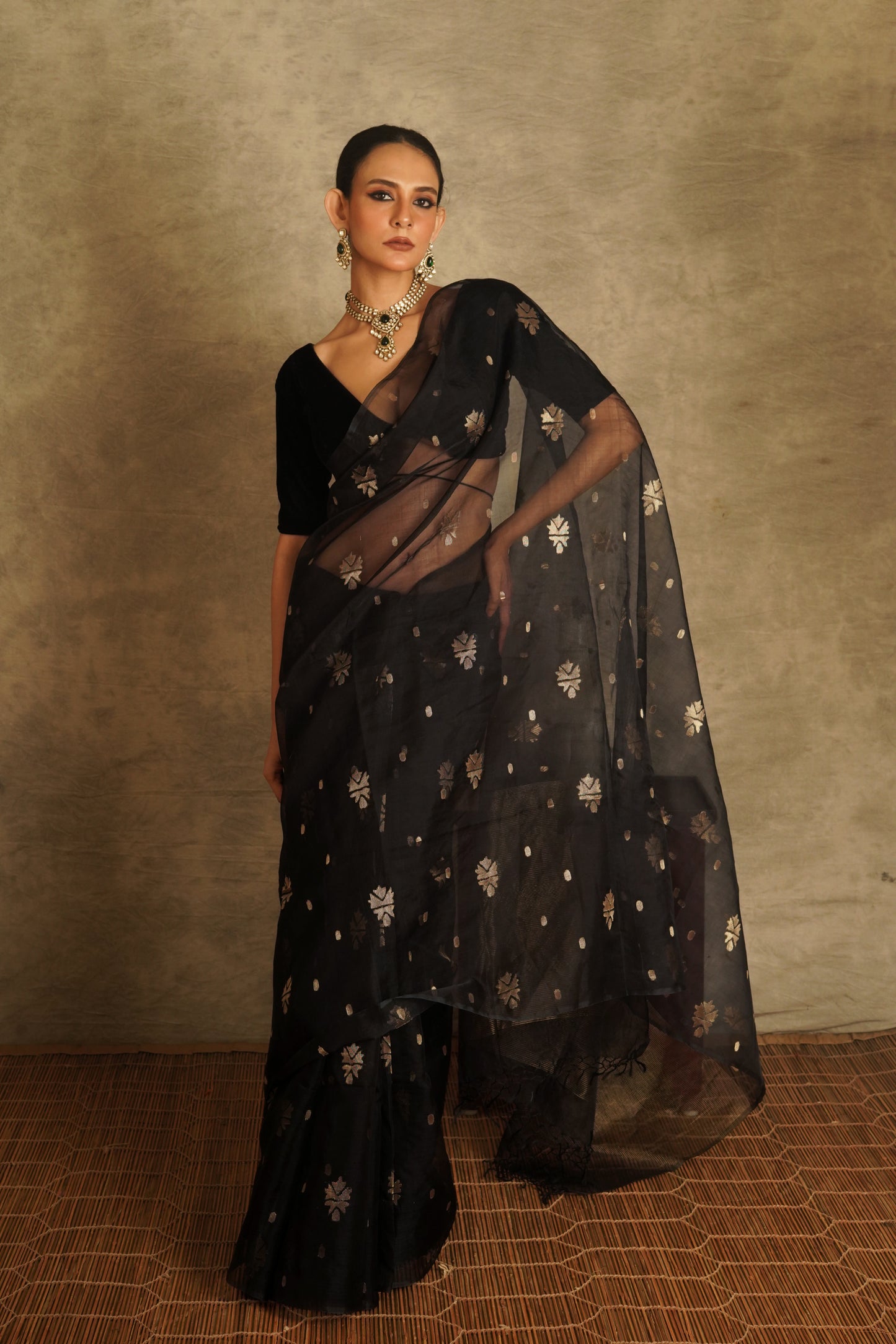 Black Pure Organza Silk Jamdani Handloom Saree