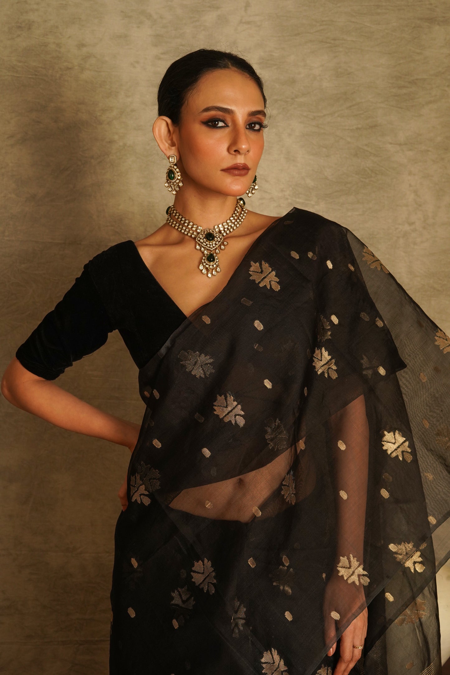 Black Pure Organza Silk Jamdani Handloom Saree