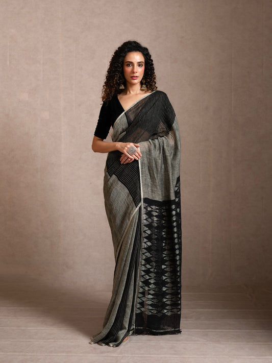 Black and Grey Pure Linen Jamdani Handloom Saree