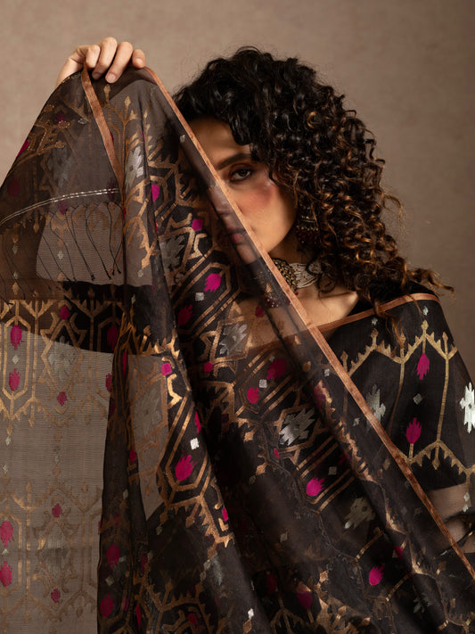 Brown Pure Organza Silk Traditional Jamdani Saree