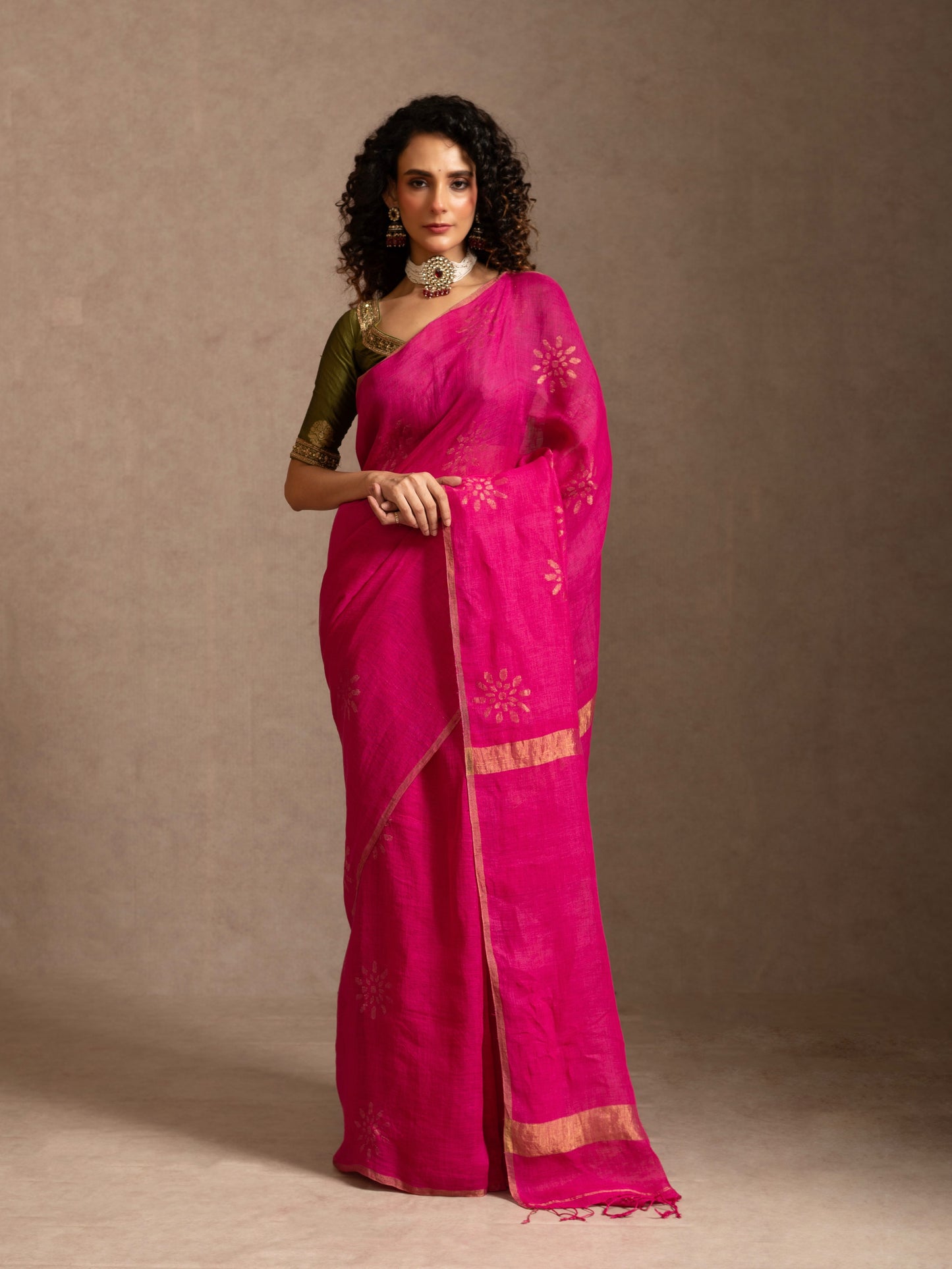 Fuchsia Pure Linen Jamdani Handloom Saree