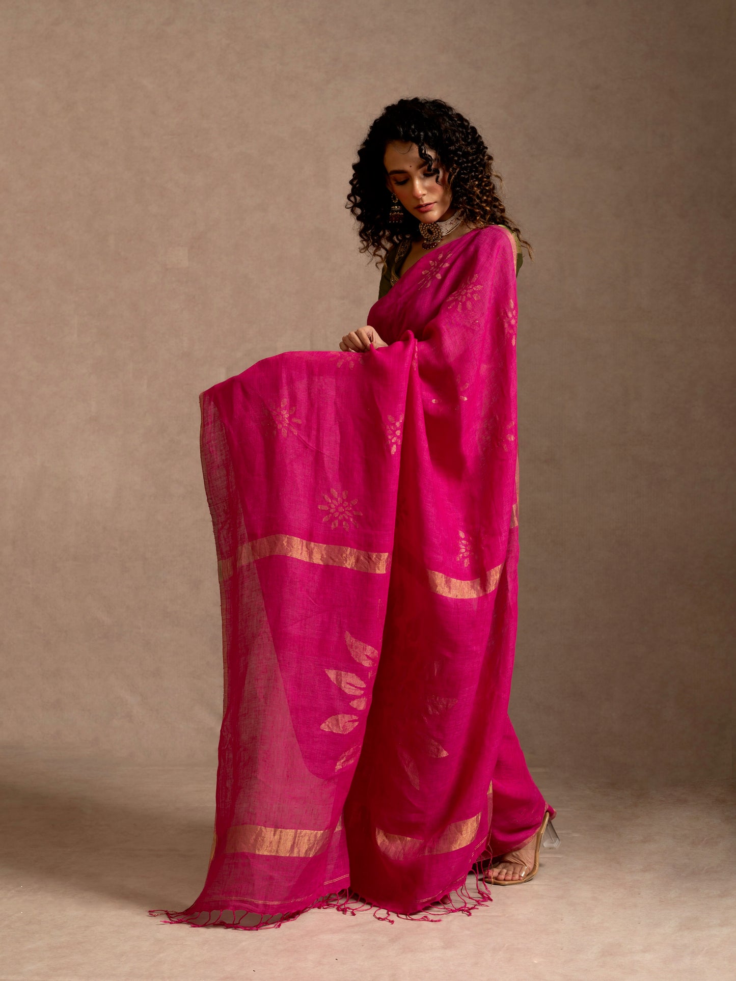 Fuchsia Pure Linen Jamdani Handloom Saree