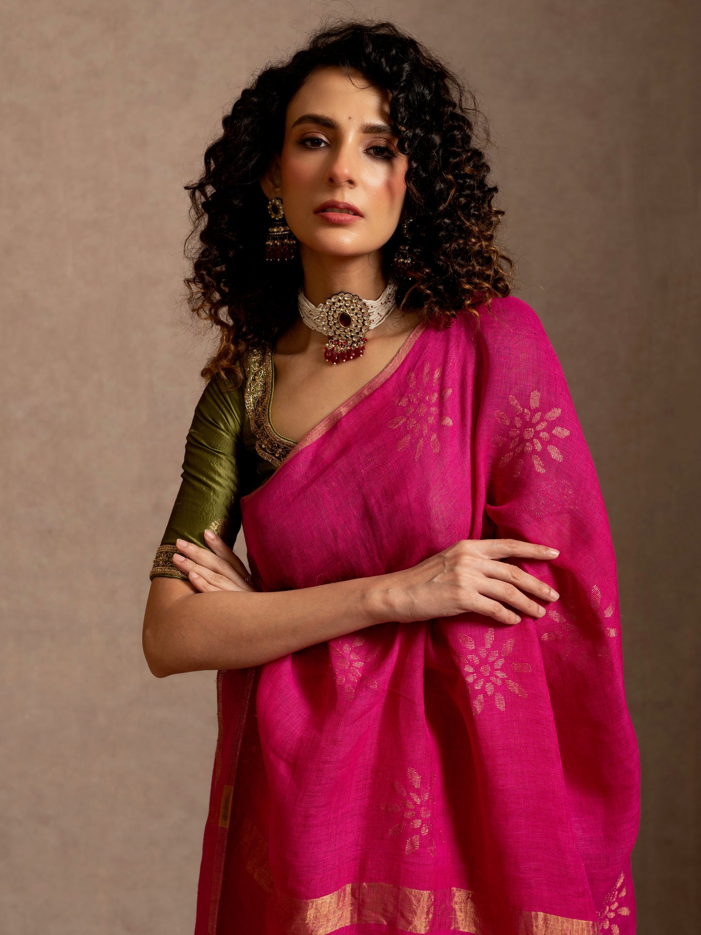 Fuchsia Pure Linen Jamdani Handloom Saree