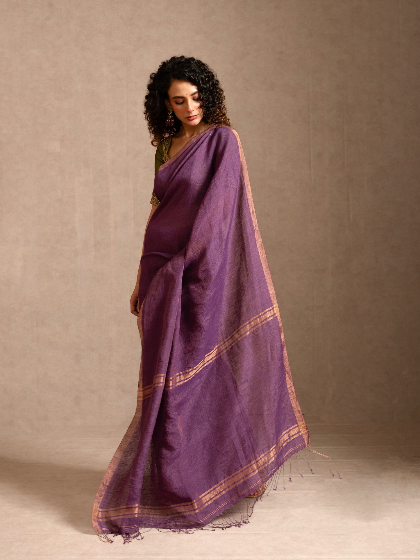 Purple Linen Tissue Handloom Saree