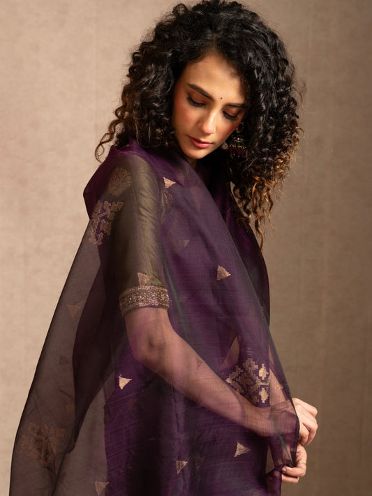 Purple Pure Organza Silk Jamdani Handloom Saree