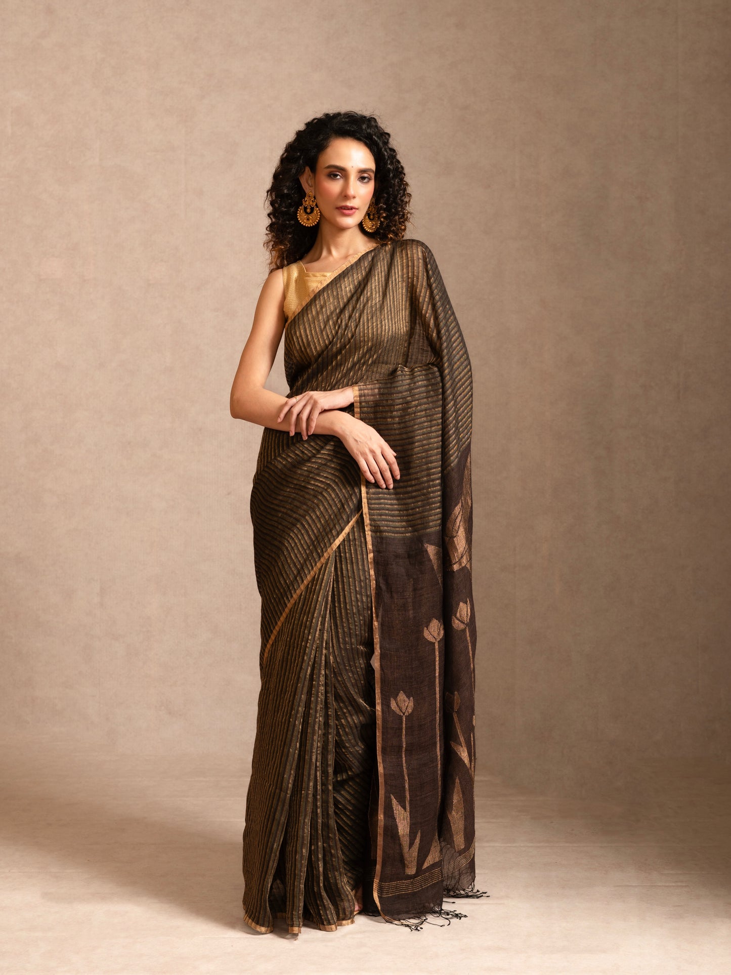 Brown Pure Linen Jamdani Handloom Saree