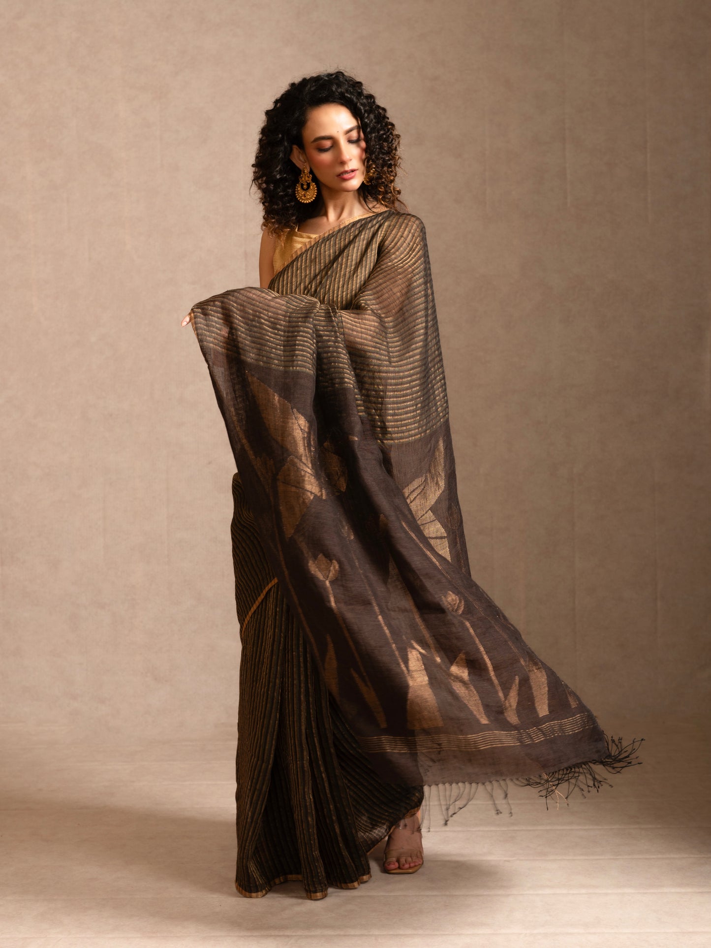 Brown Pure Linen Jamdani Handloom Saree