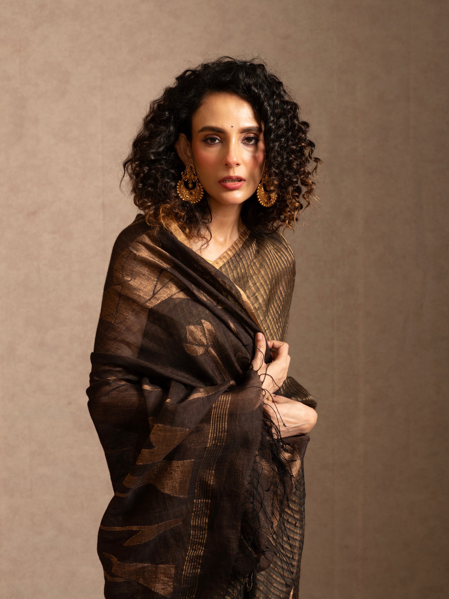 Brown Pure Linen Jamdani Handloom Saree