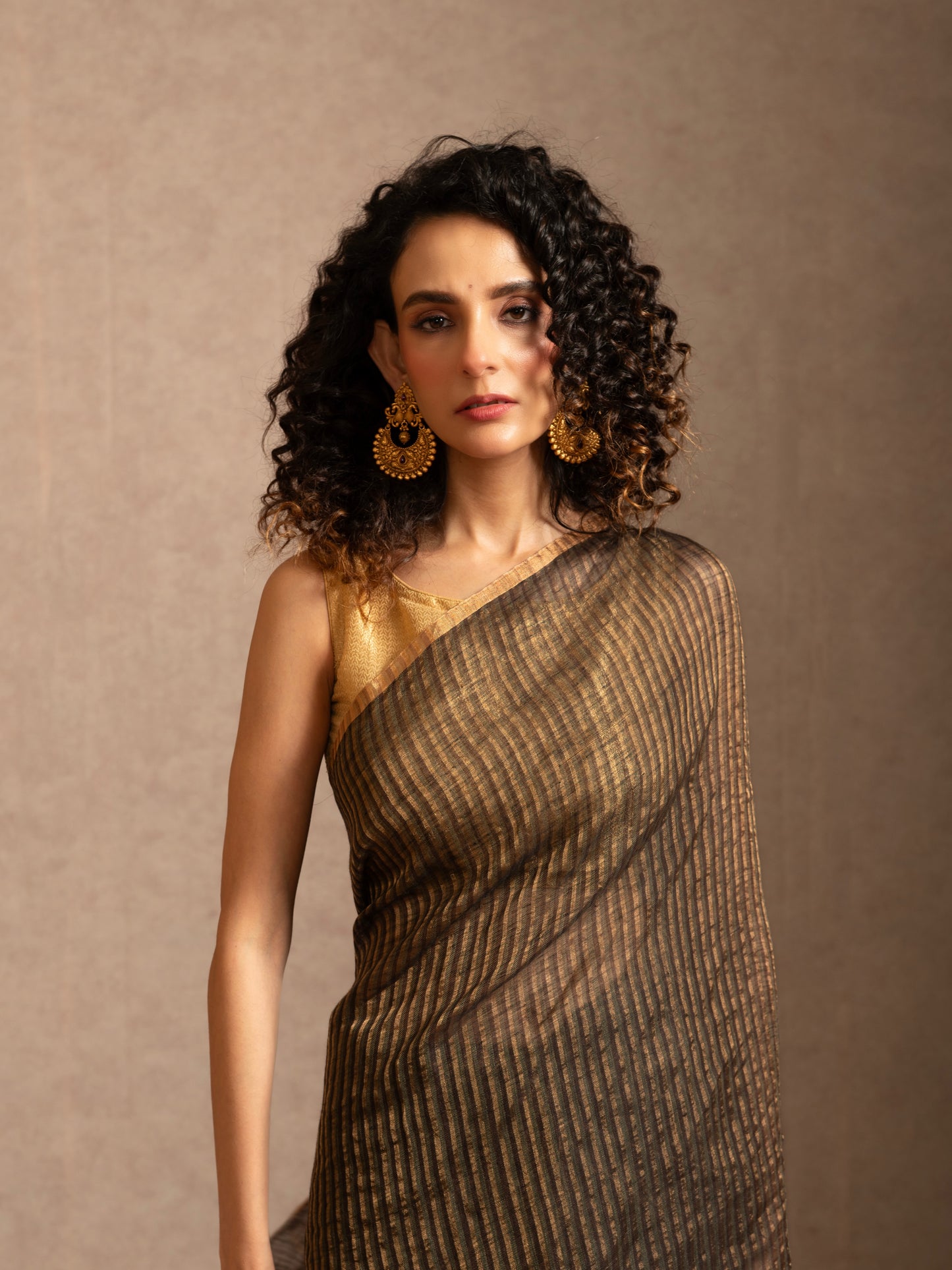 Brown Pure Linen Jamdani Handloom Saree