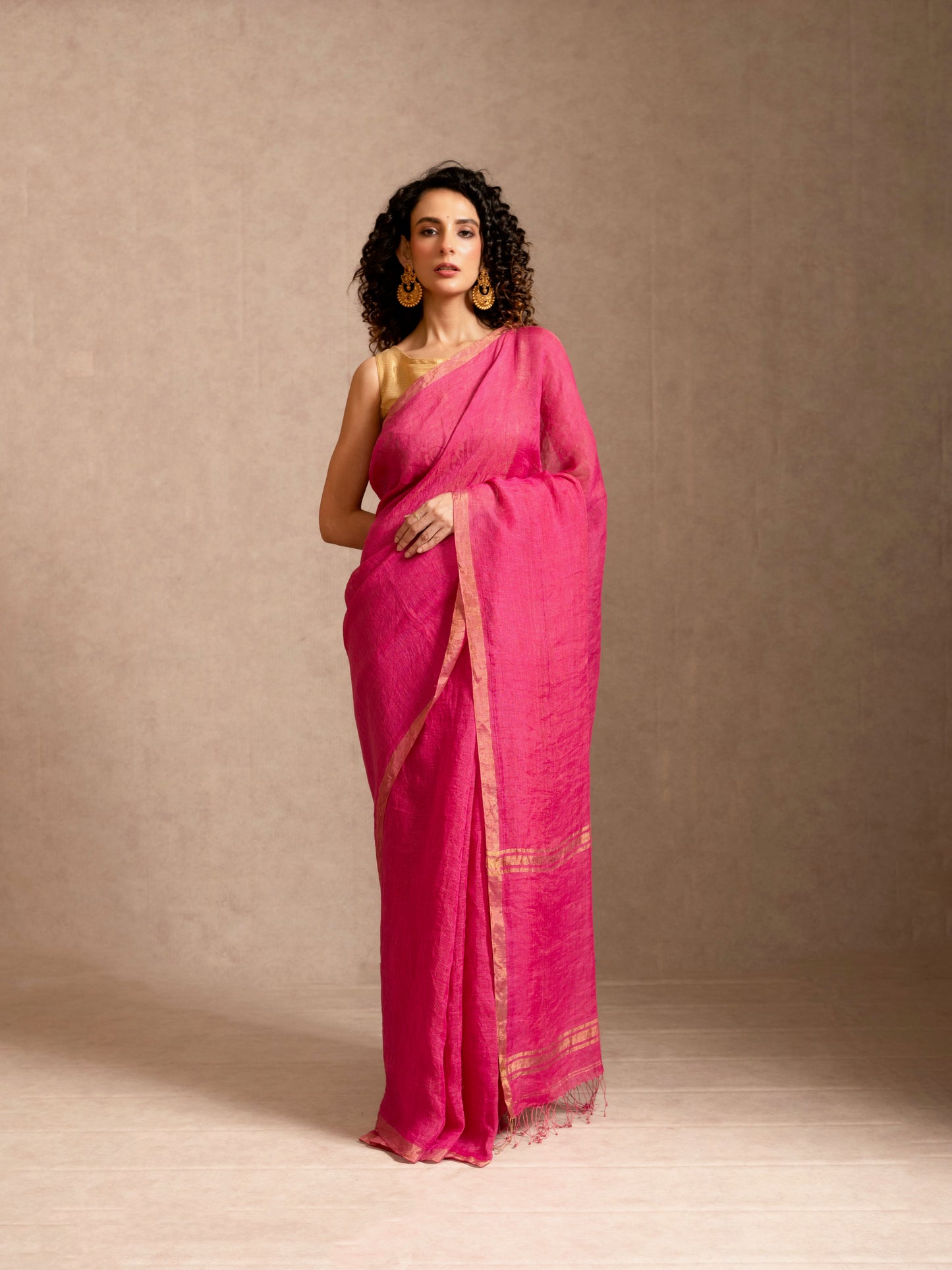 Fuchsia Tissue Linen Handloom Saree