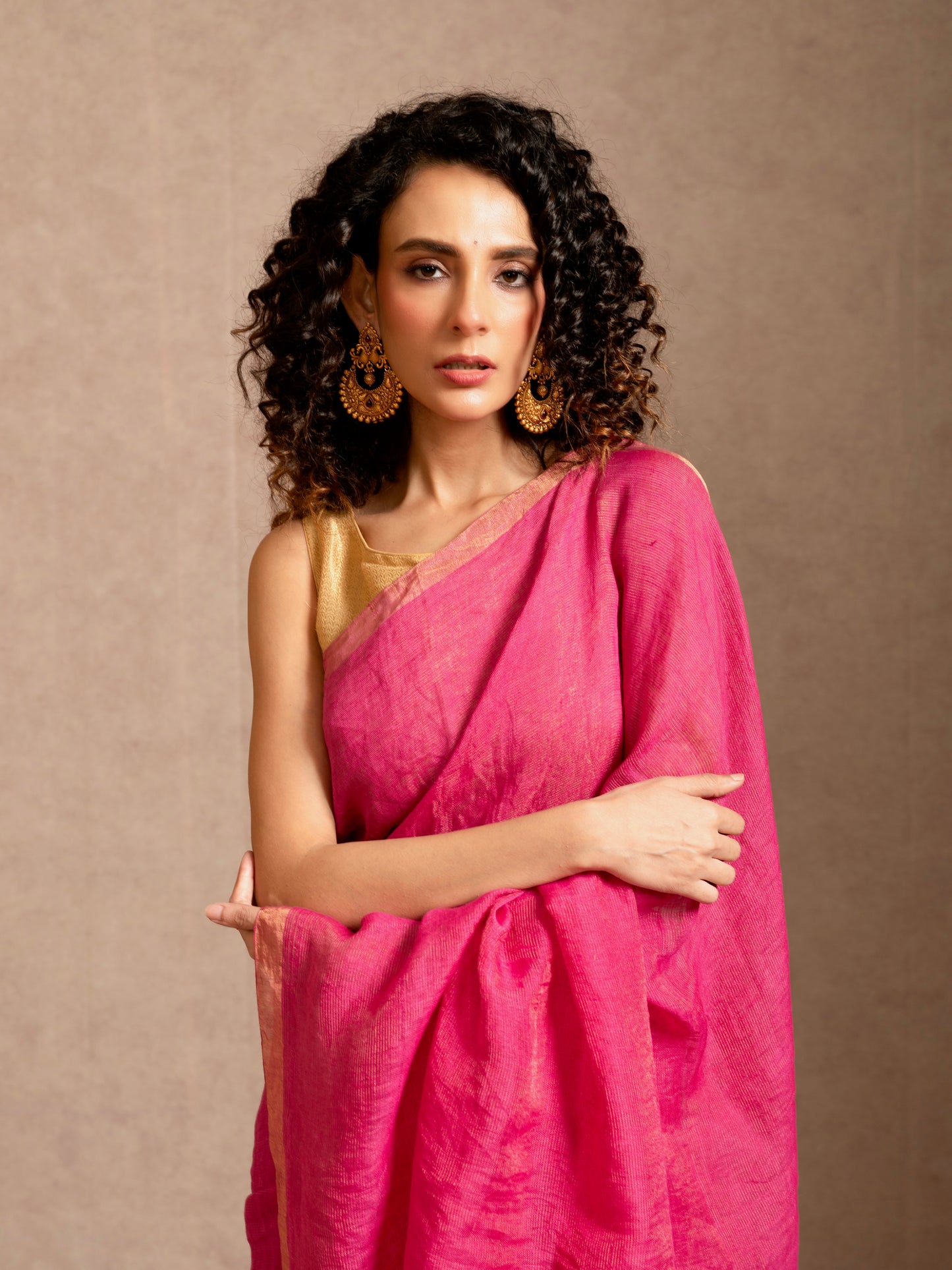 Fuchsia Tissue Linen Handloom Saree