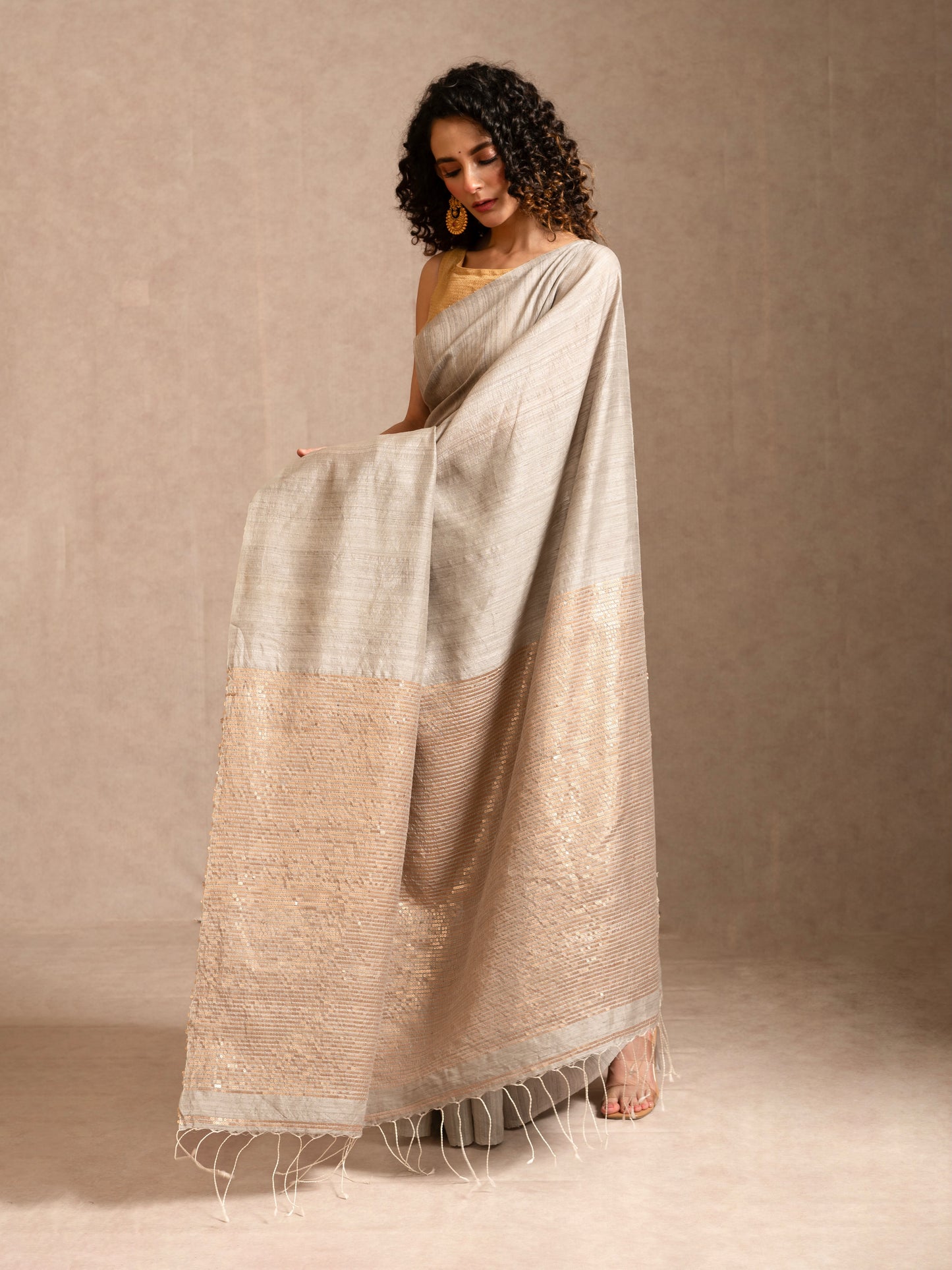 Grey and Golden Sequin  Pure Matka Silk Handloom Saree