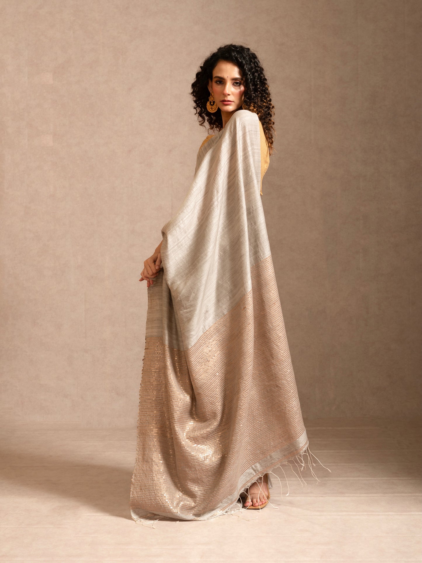 Grey and Golden Sequin  Pure Matka Silk Handloom Saree