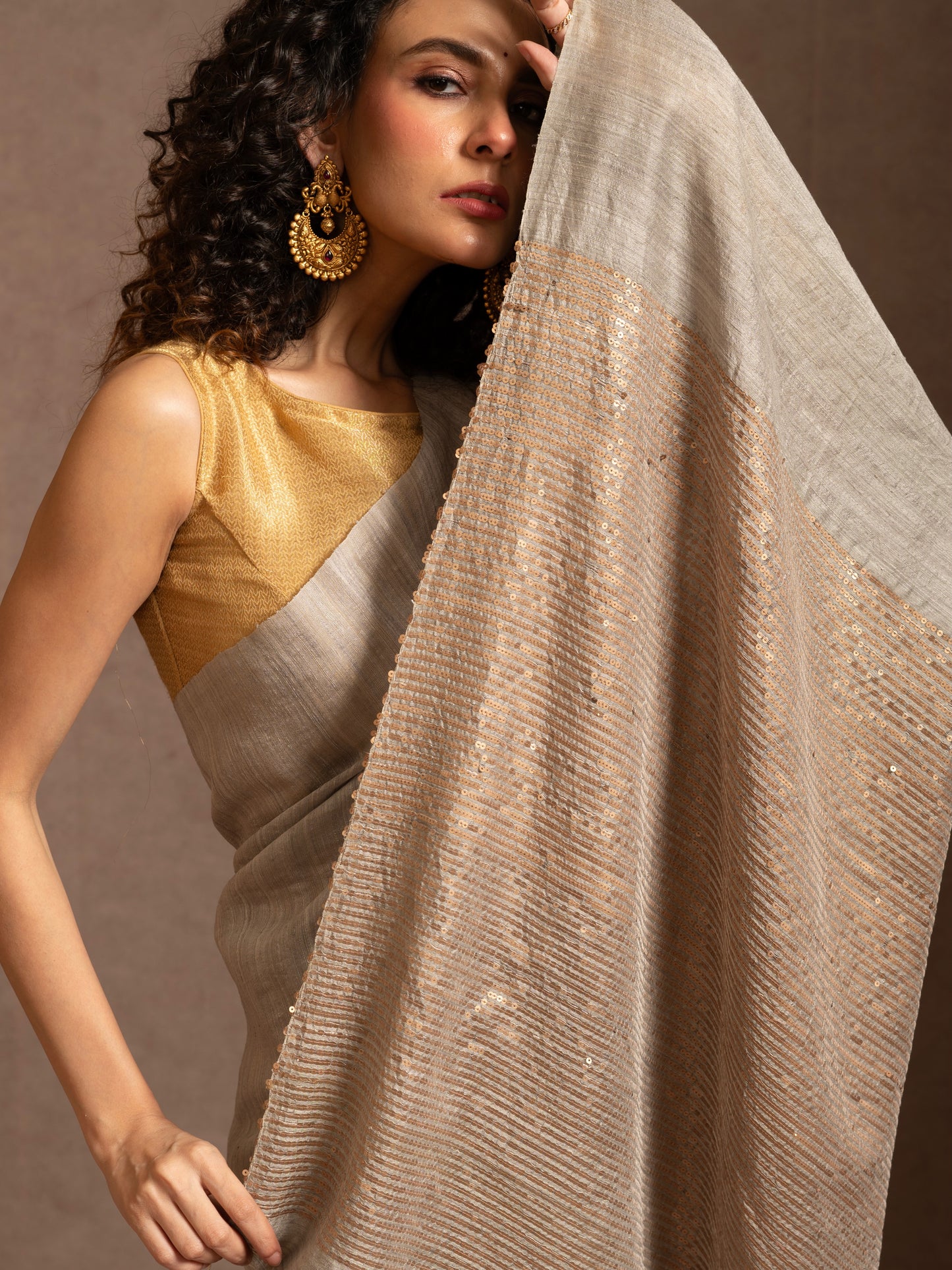 Grey and Golden Sequin  Pure Matka Silk Handloom Saree