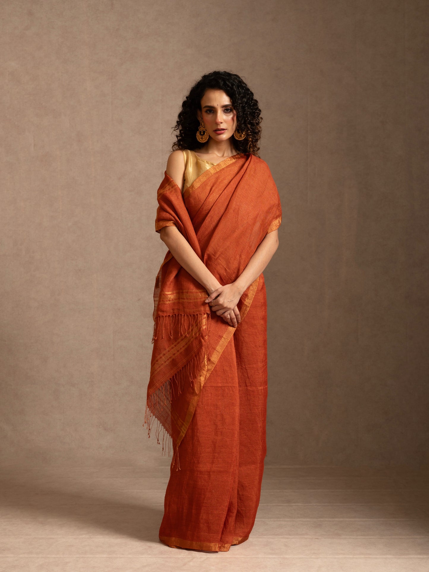 Orange Tissue Linen Handloom Saree