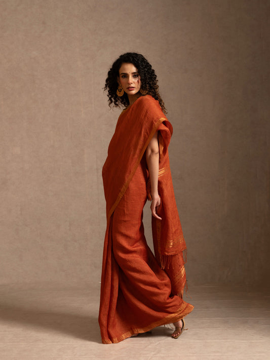 Orange Tissue Linen Handloom Saree