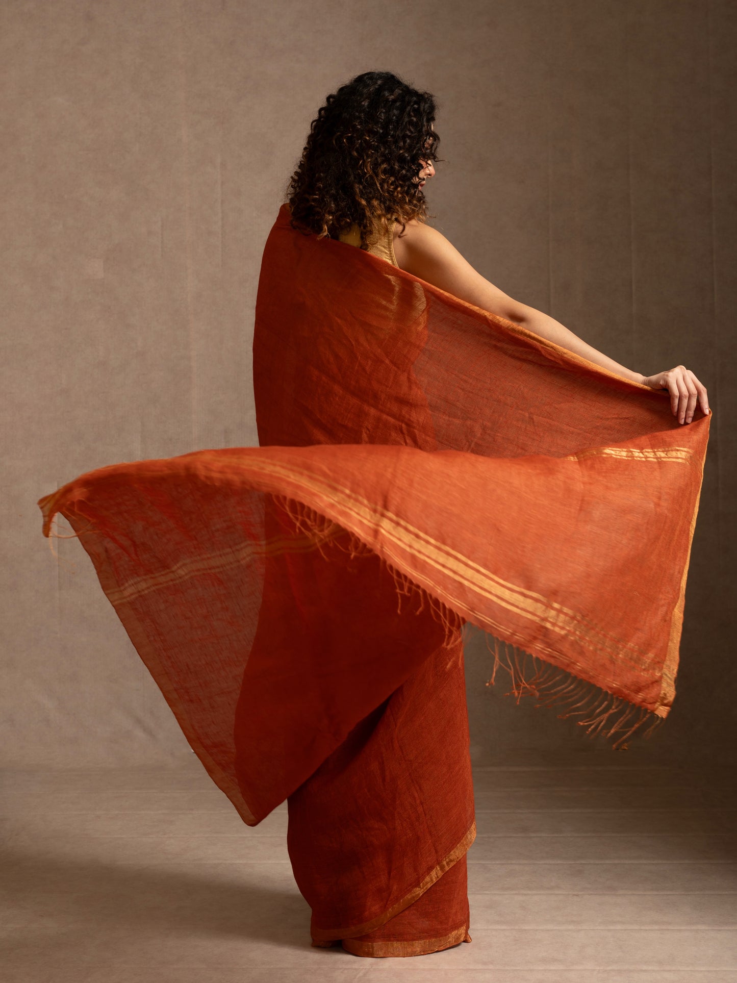 Orange Tissue Linen Handloom Saree