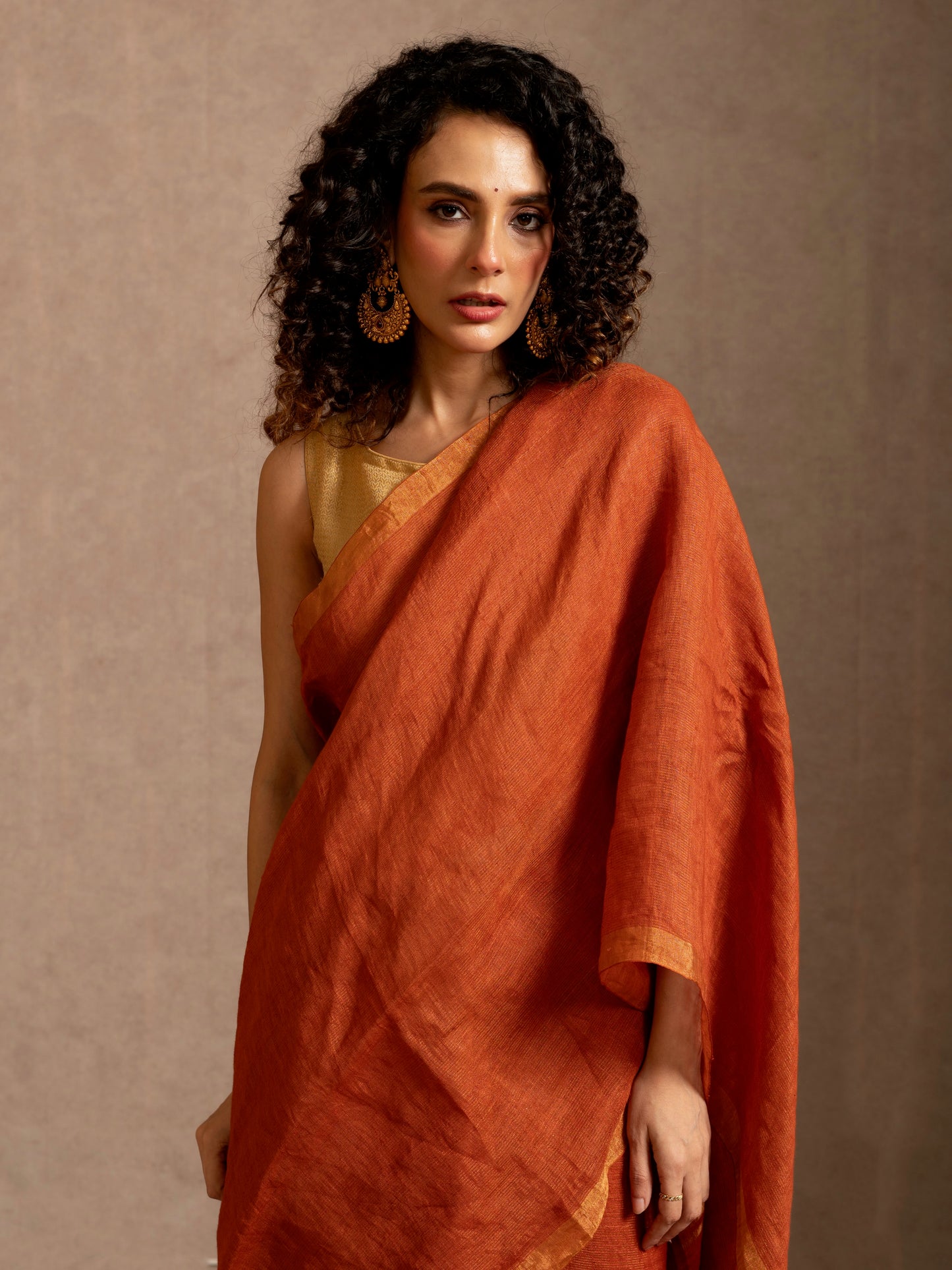 Orange Tissue Linen Handloom Saree