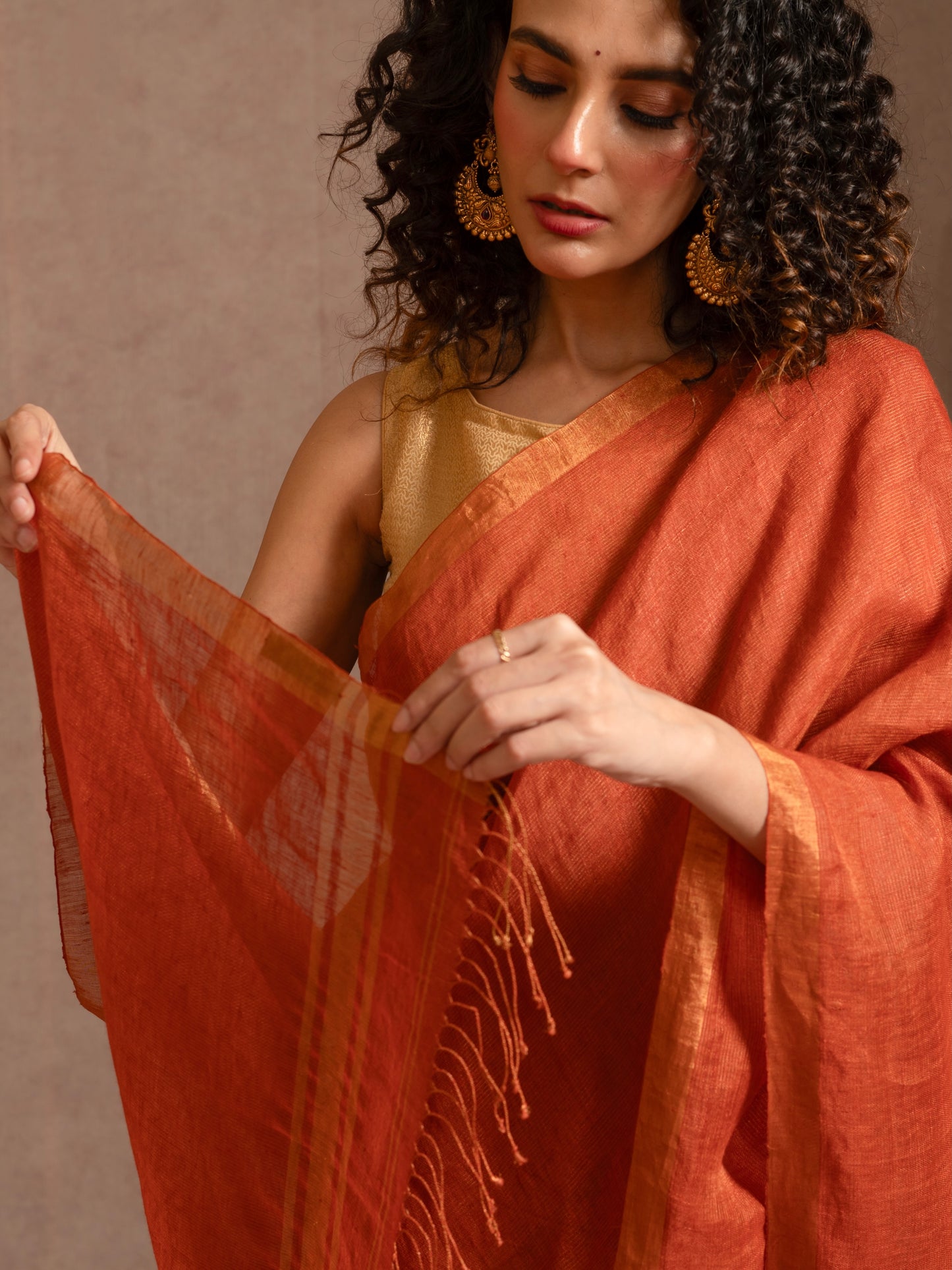 Orange Tissue Linen Handloom Saree