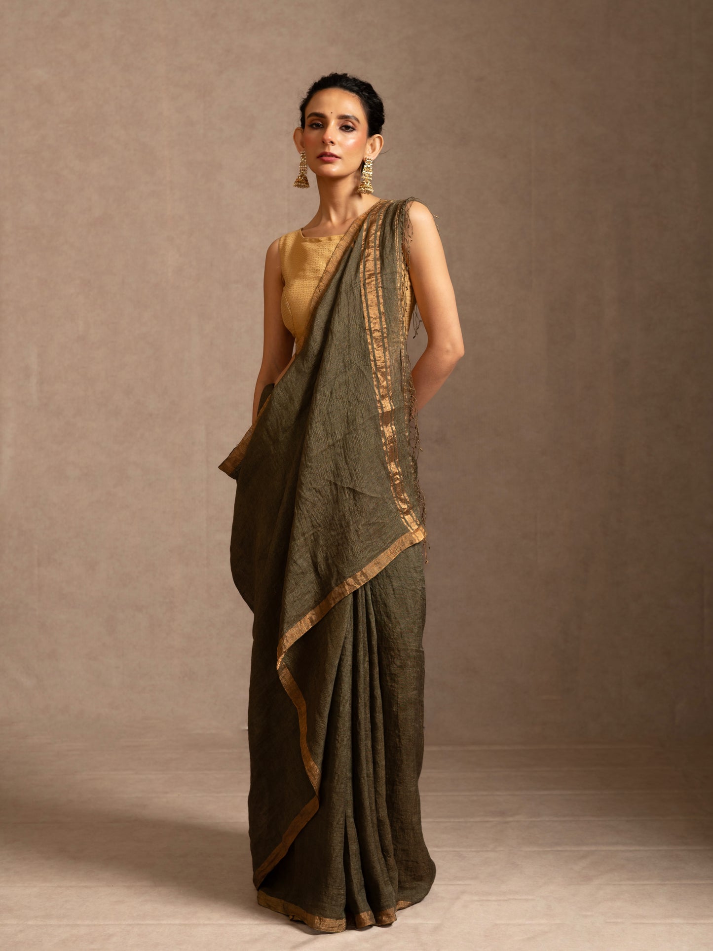 Green Tissue Linen Handloom Saree