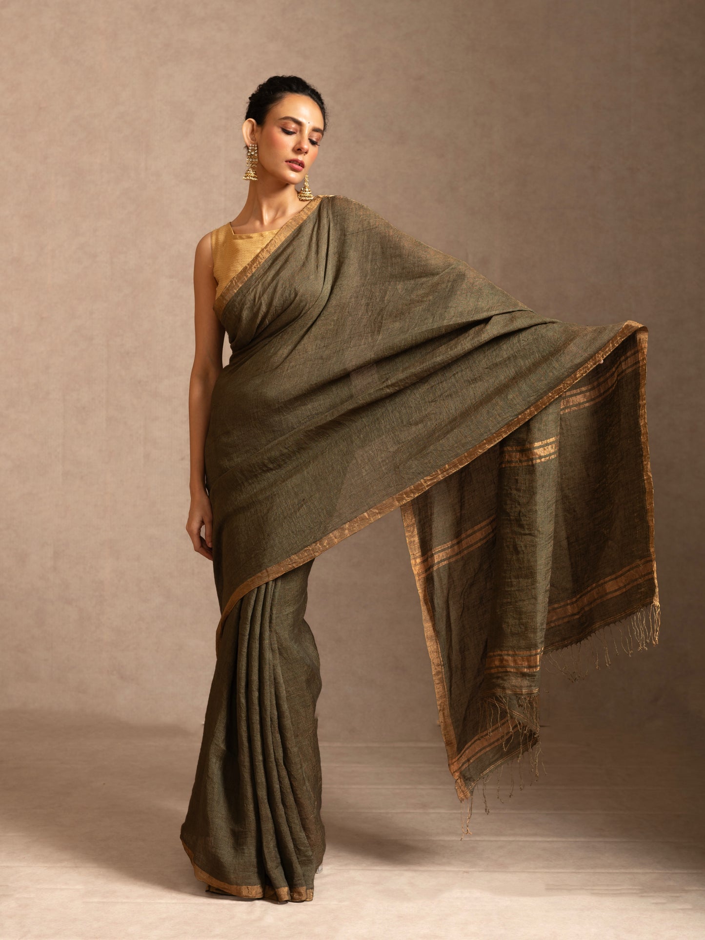 Green Tissue Linen Handloom Saree