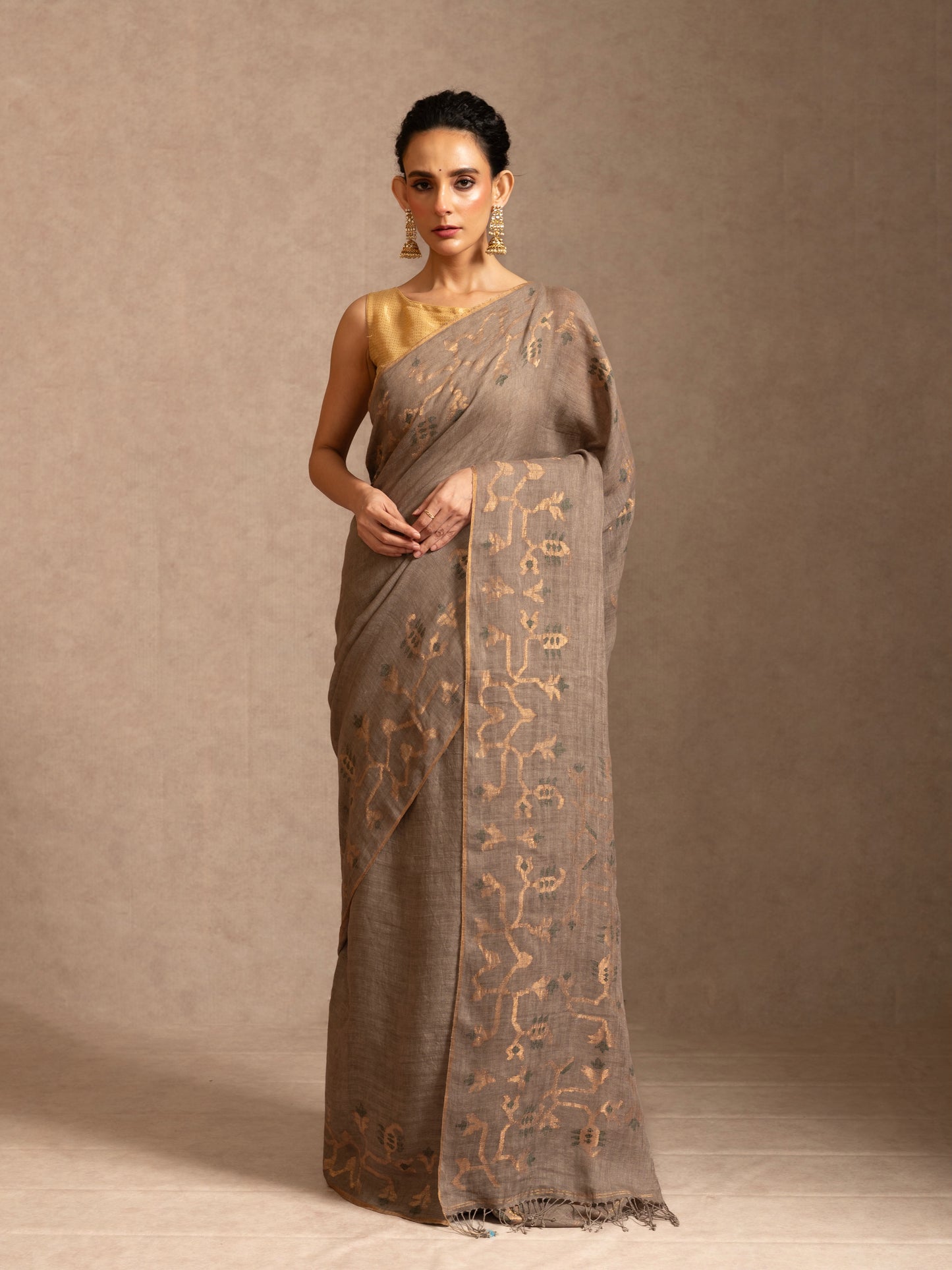 Grey Pure Linen Jamdani Handloom Saree