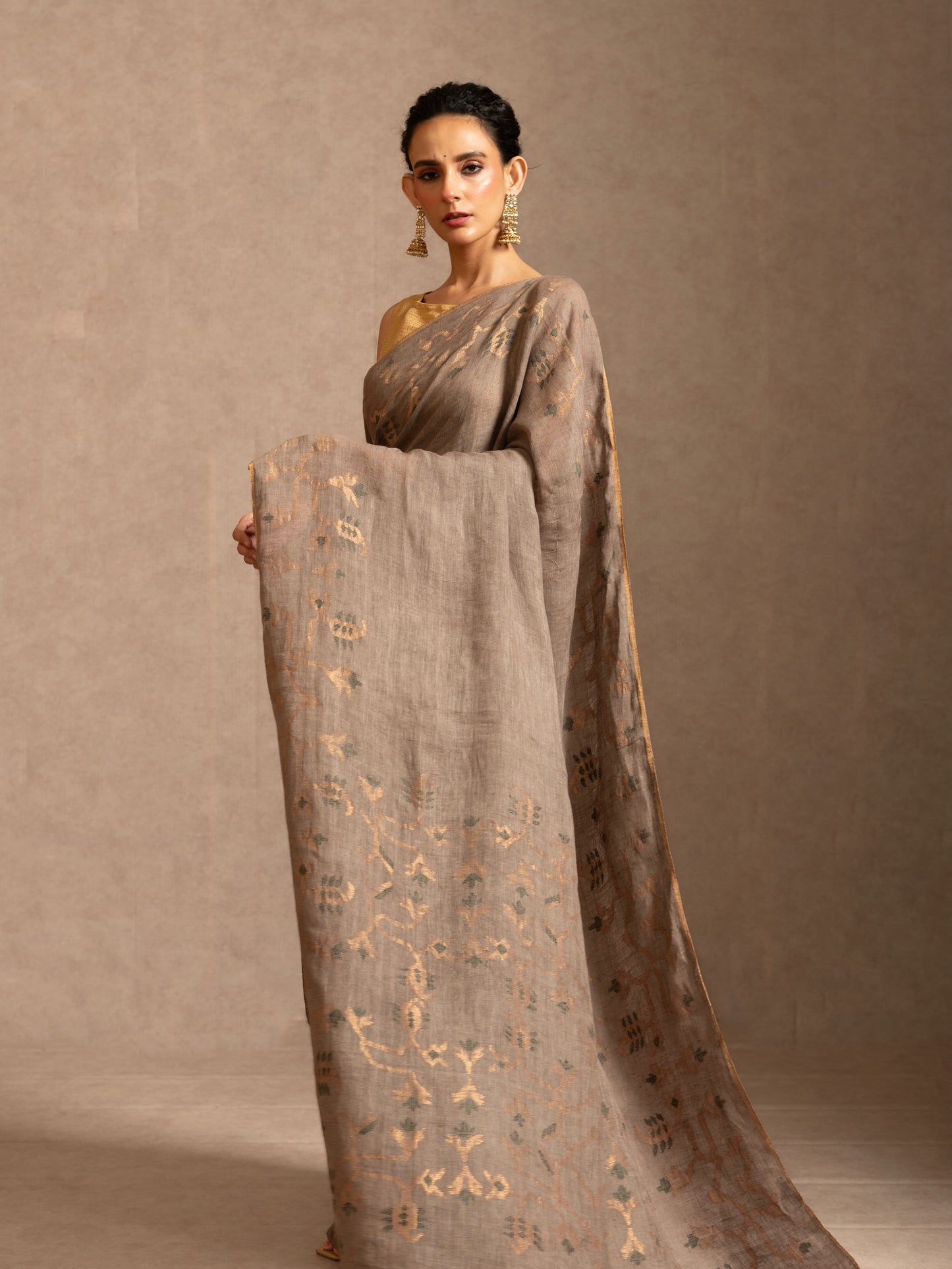 Grey Pure Linen Jamdani Handloom Saree