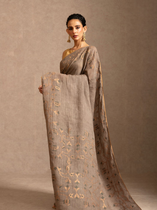 Grey Pure Linen Jamdani Handloom Saree