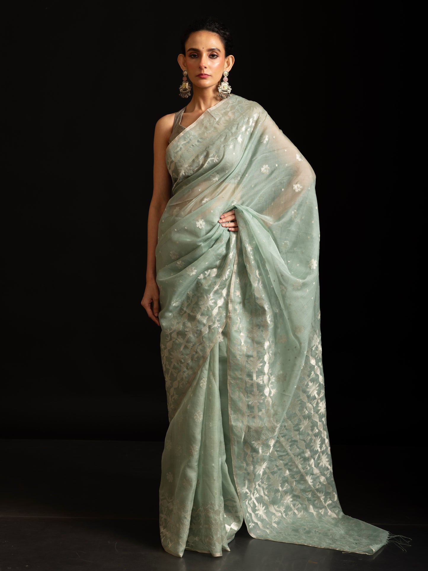 Blue Pure Organza Traditional Jamdani Saree