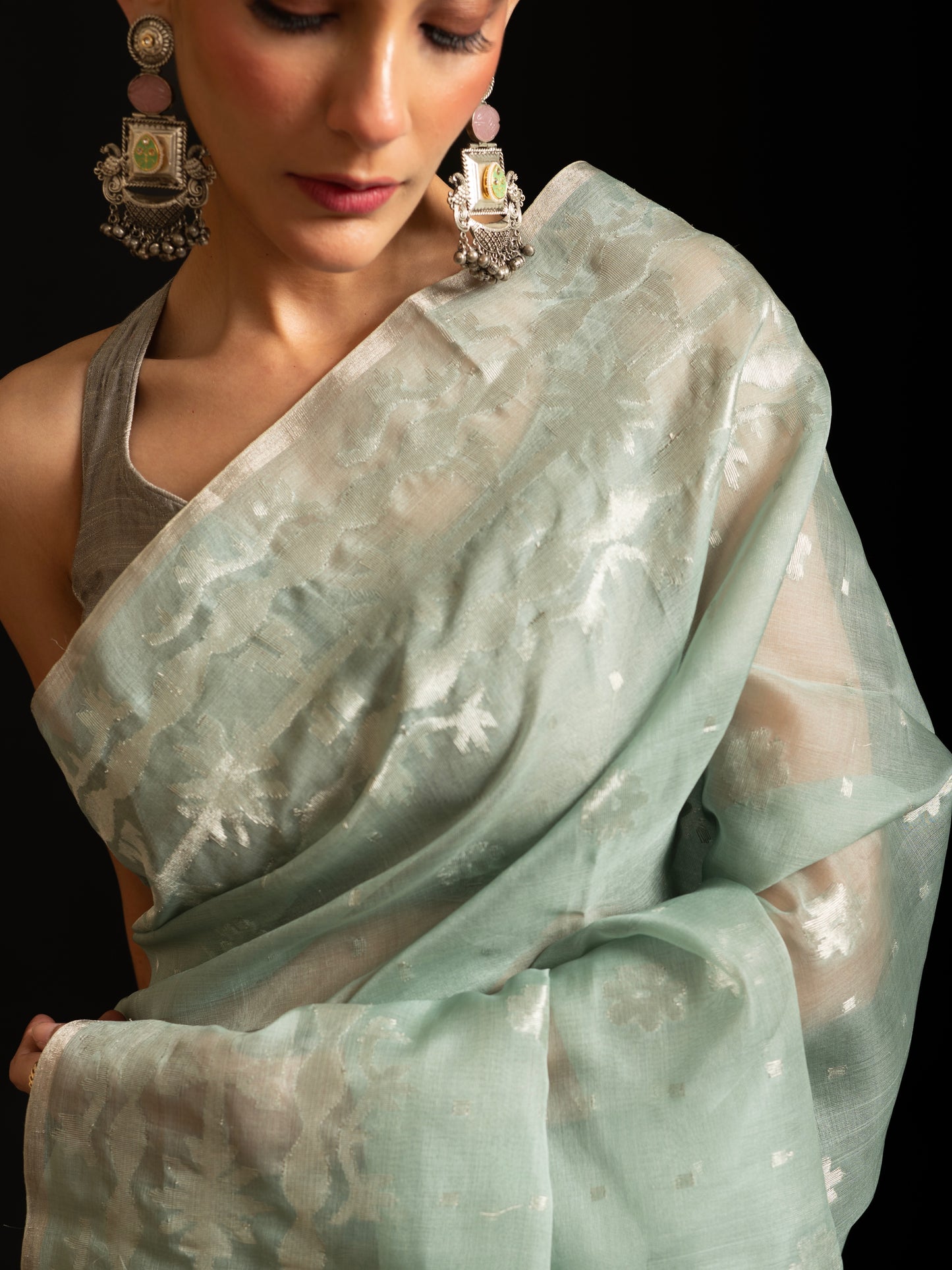 Blue Pure Organza Traditional Jamdani Saree