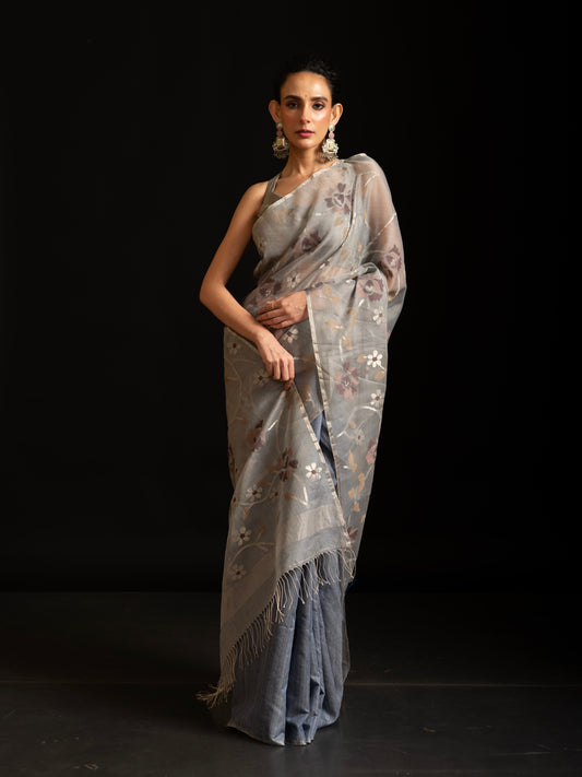 Grey Pure Organza and Matka Silk Jamdani Handloom Saree