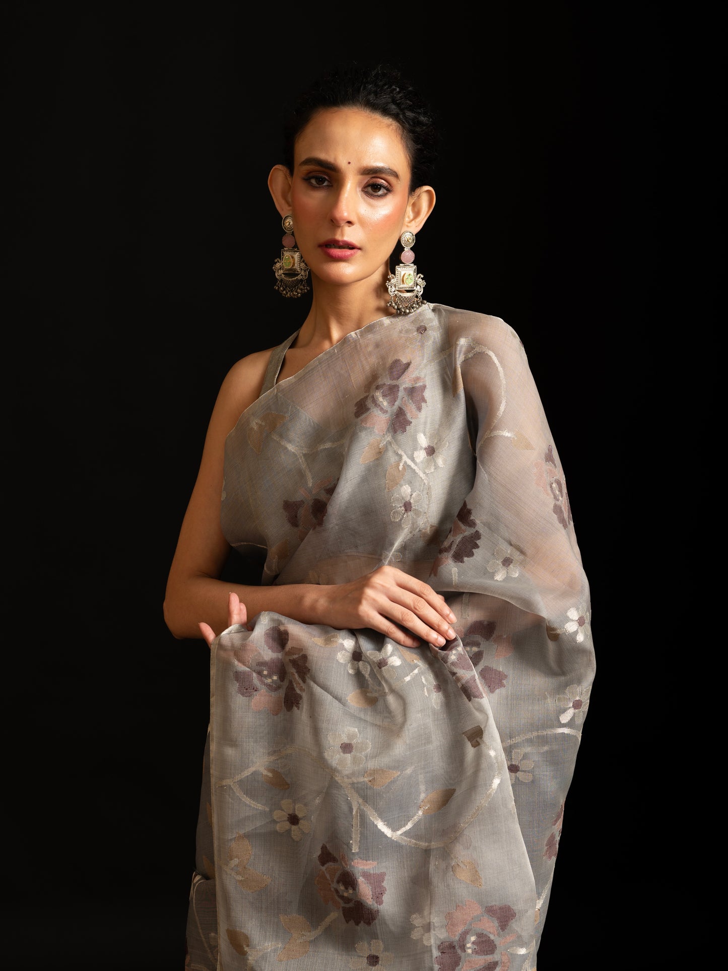 Grey Pure Organza and Matka Silk Jamdani Handloom Saree