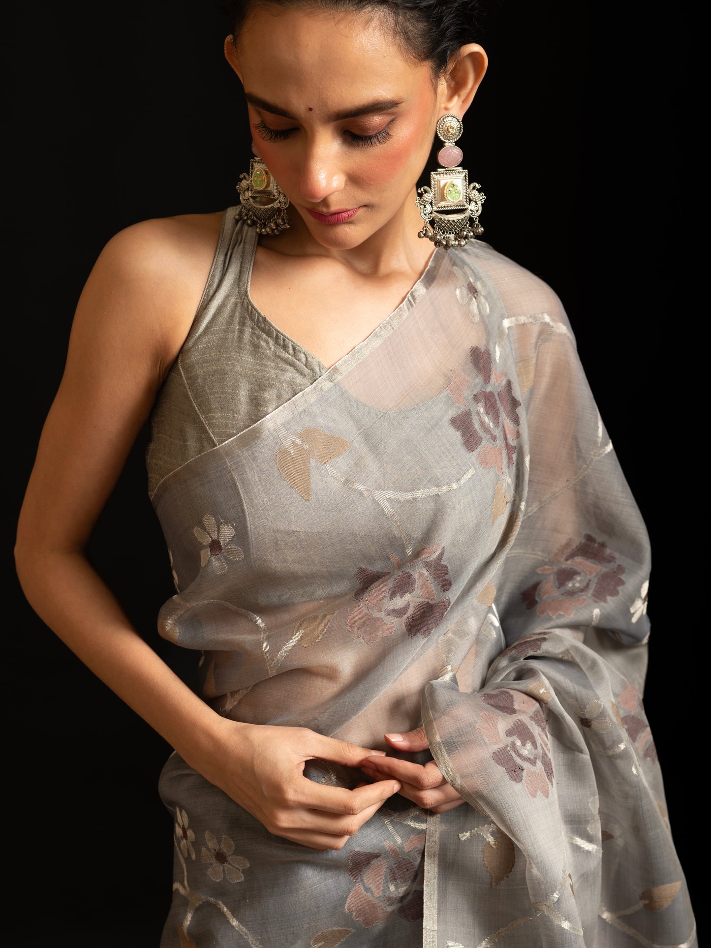 Grey Pure Organza and Matka Silk Jamdani Handloom Saree