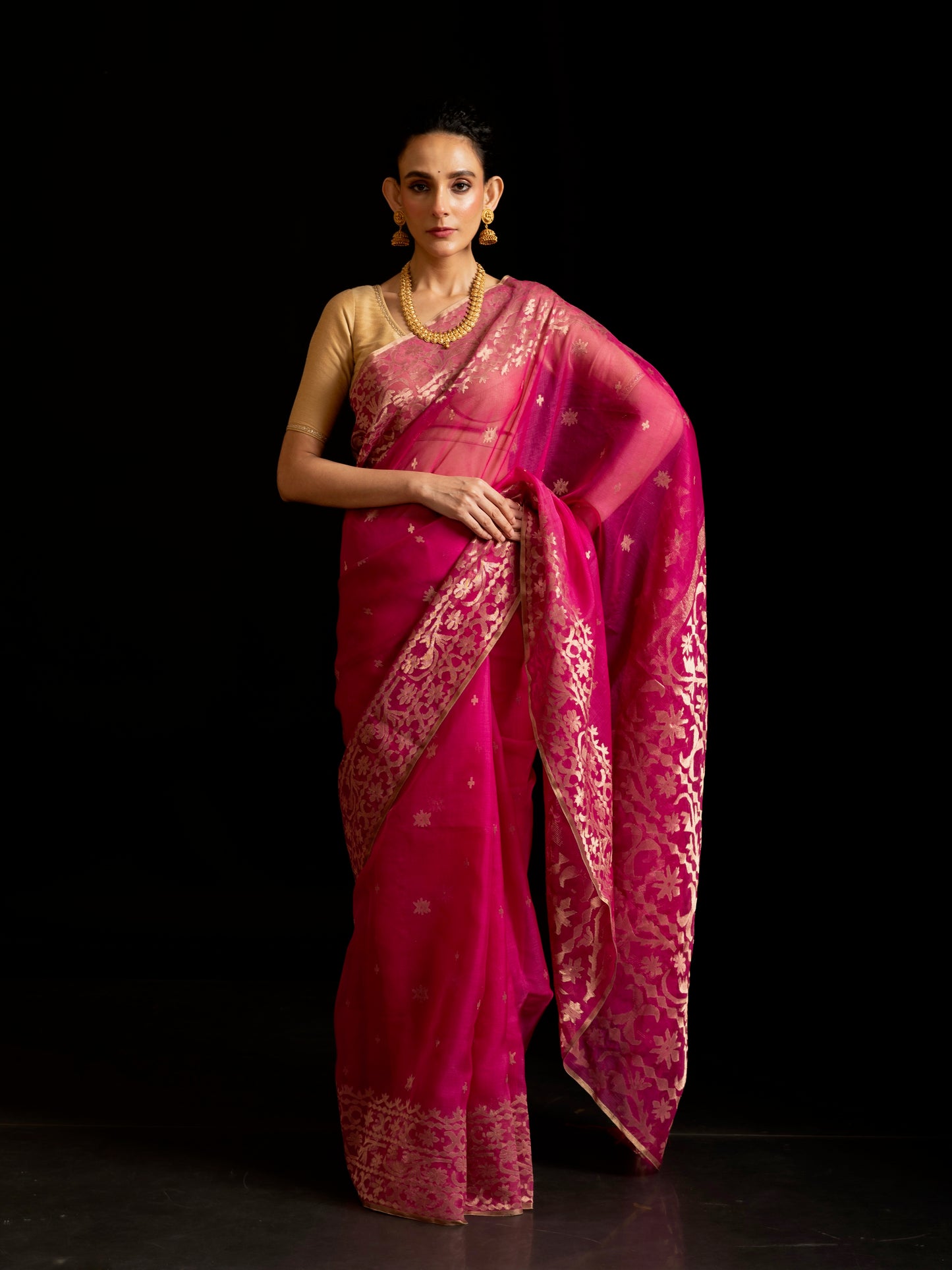 Fuchsia Pure Organza Silk Traditional Jamdani Saree