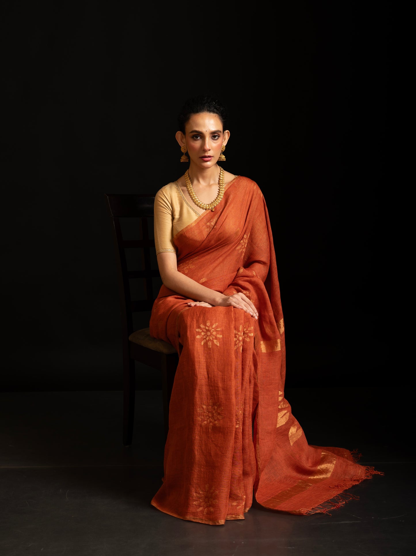 Orange Pure Linen Jamdani Handloom Saree