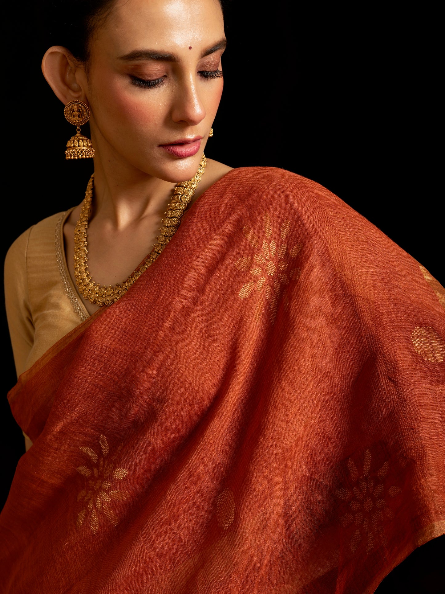 Orange Pure Linen Jamdani Handloom Saree