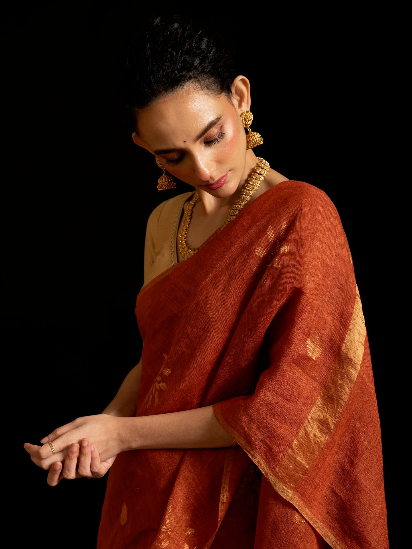 Orange Pure Linen Jamdani Handloom Saree