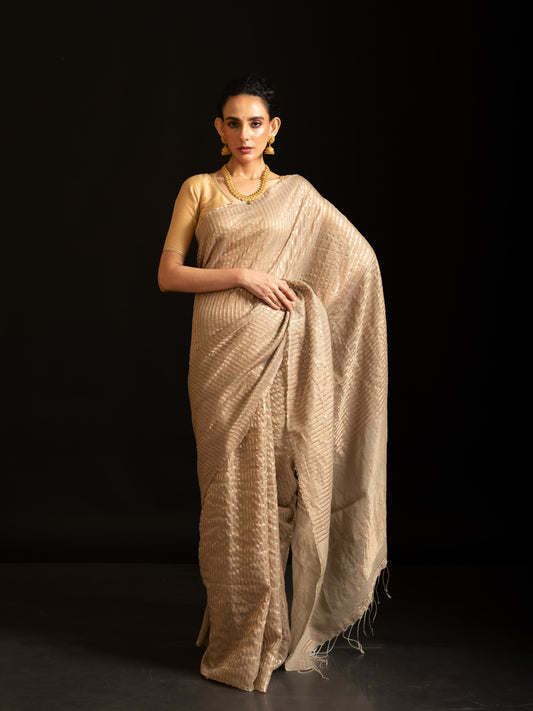 Beige Pure Matka Silk Sequin Handloom Saree