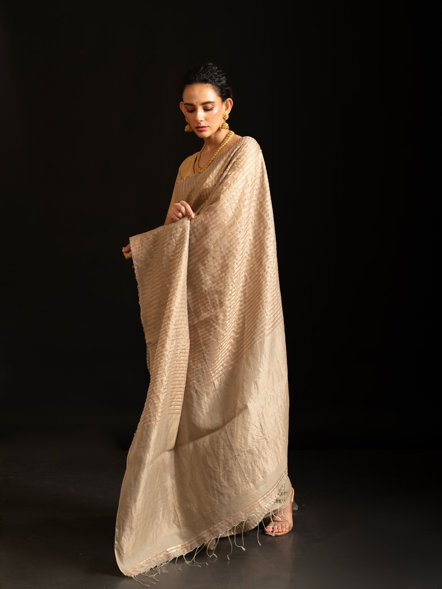 Beige Pure Matka Silk Sequin Handloom Saree