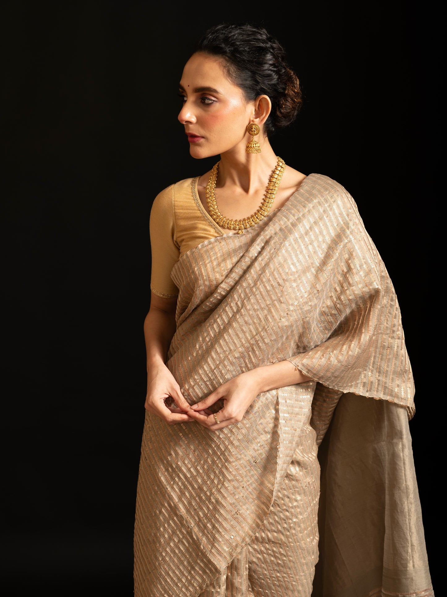 Beige Pure Matka Silk Sequin Handloom Saree