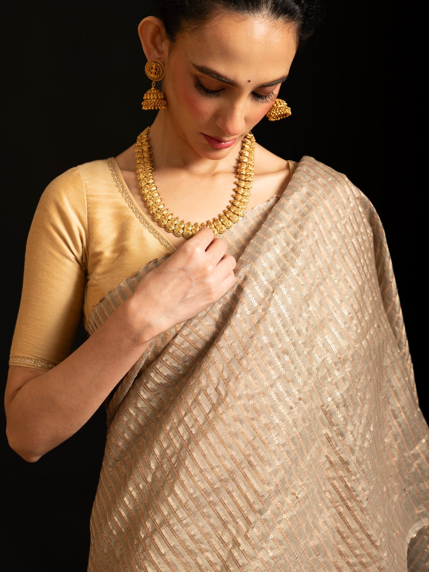 Beige Pure Matka Silk Sequin Handloom Saree