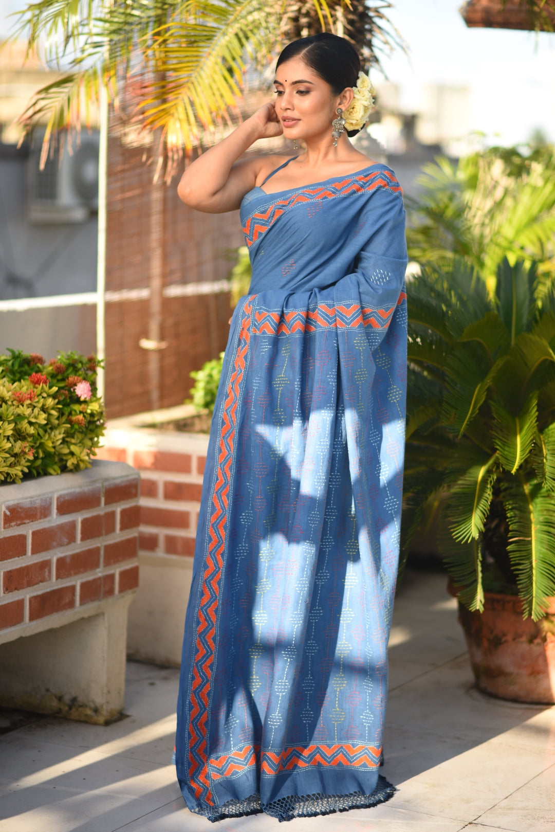 Blue Pure Kala Cotton Kantha Stitch Handloom Saree