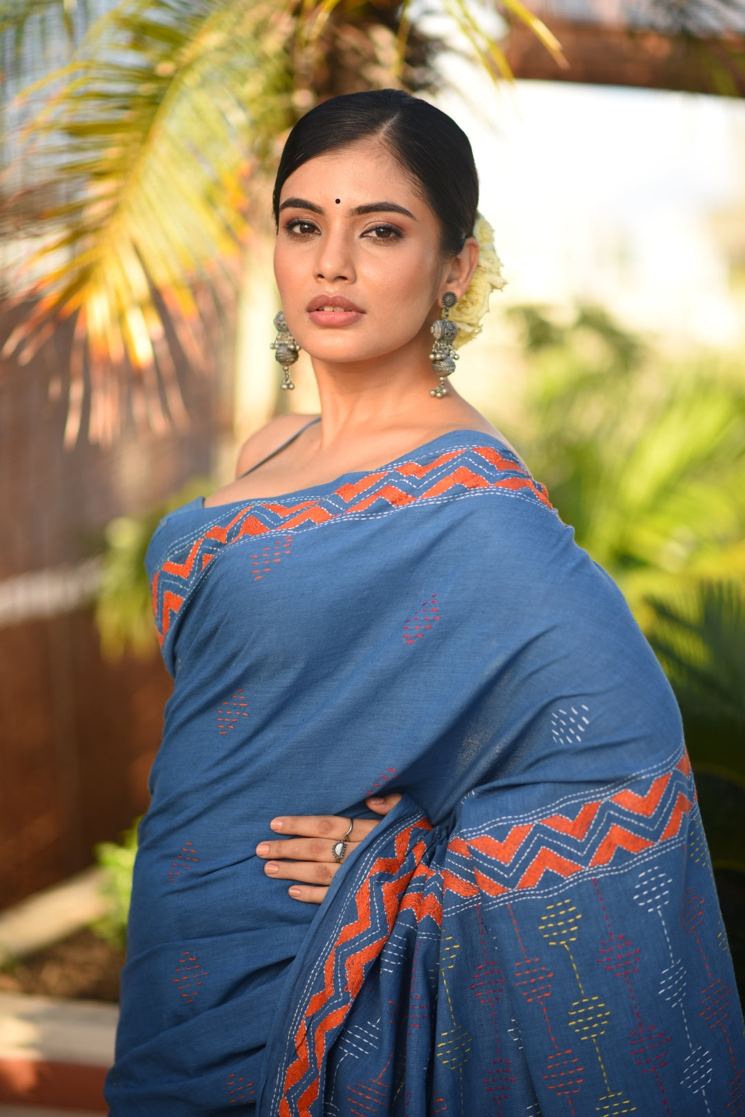 Blue Pure Kala Cotton Kantha Stitch Handloom Saree