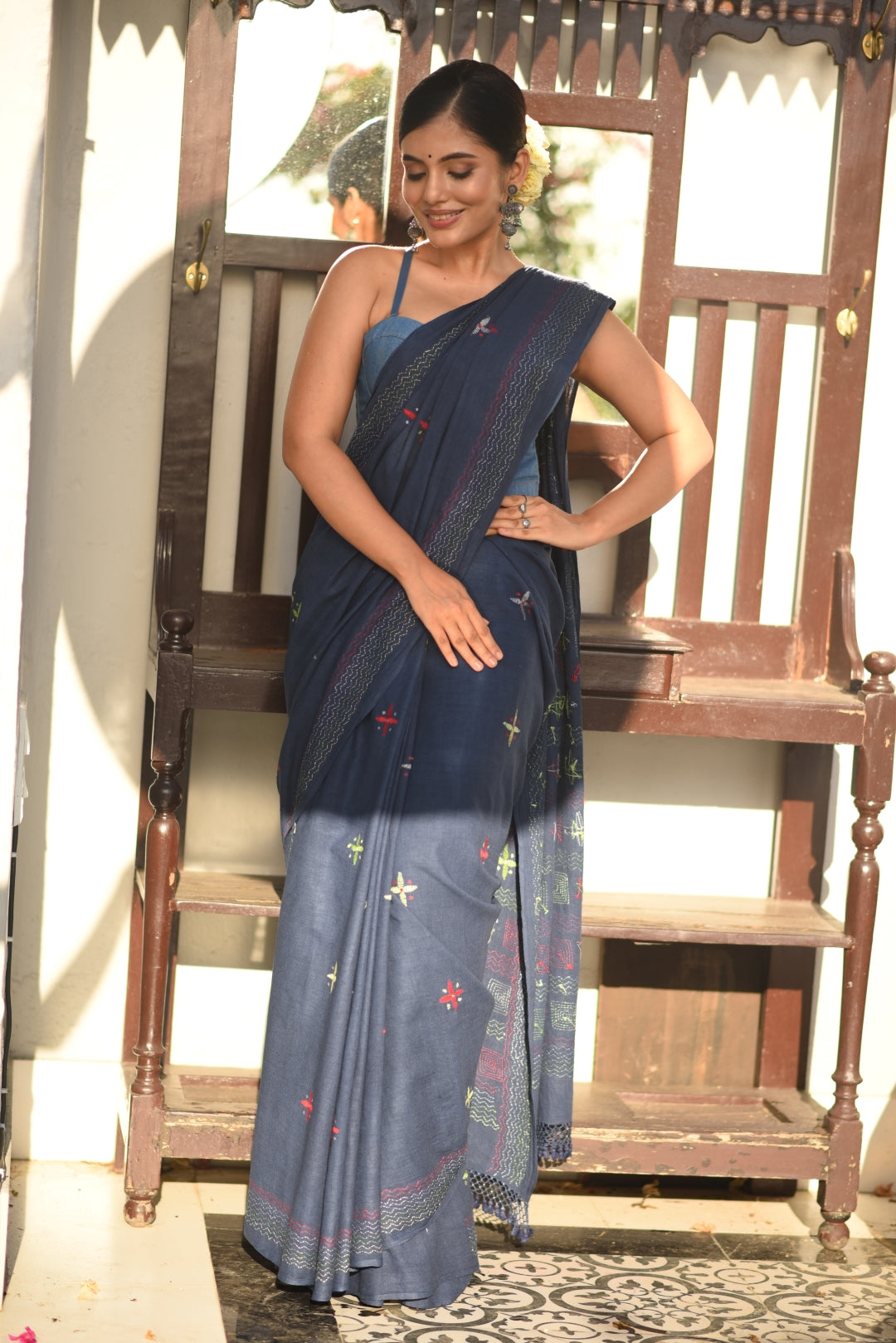 Blue Pure Kala Cotton Kantha Stitch Handloom Saree